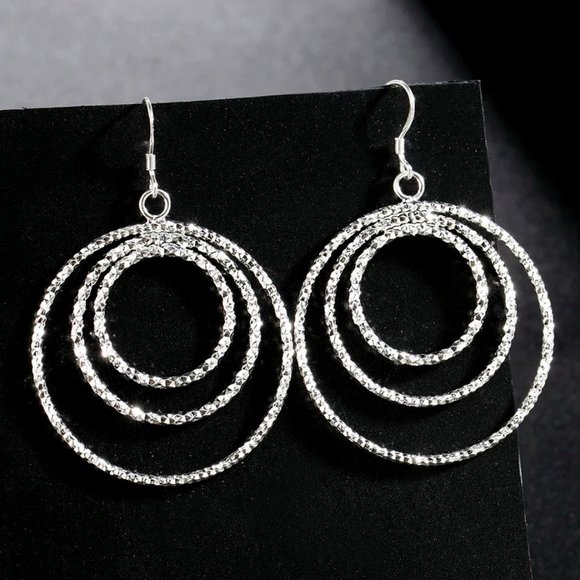 Gorgeous 3 Circles Hanging Earrings, Solid Sterling Silver "Hypoallergenic" - Picture 3 of 9